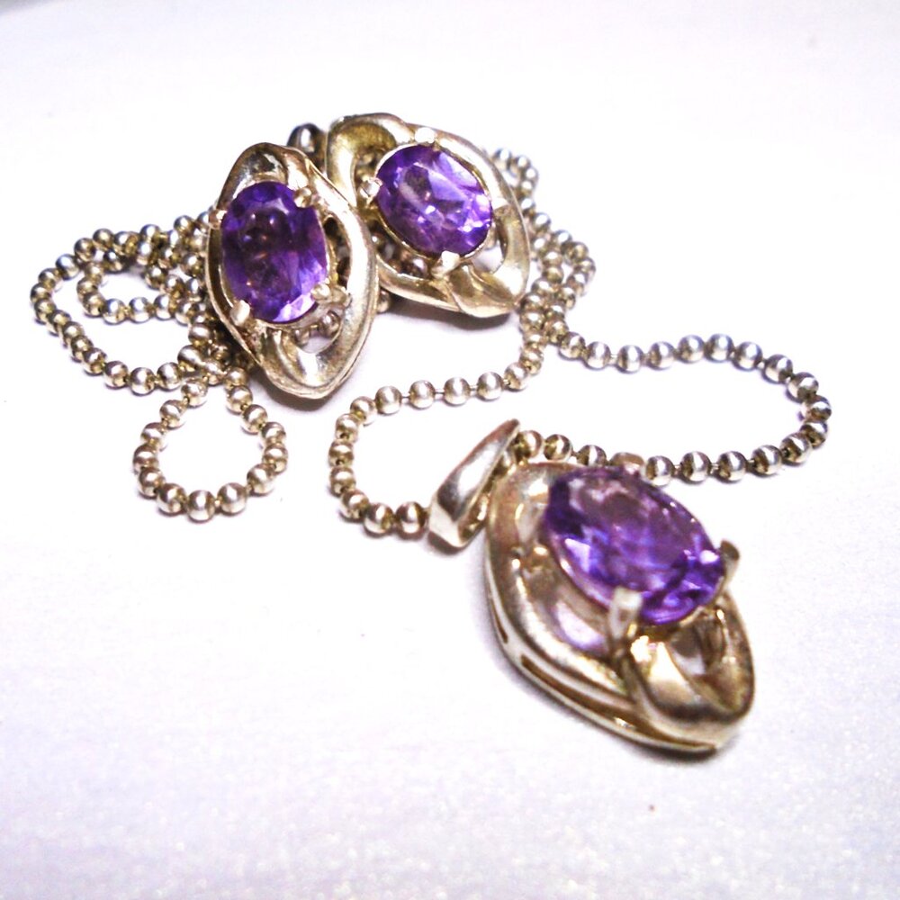925 sterling silver and faceted Natural Amethyst Necklace and Stud Earring Set